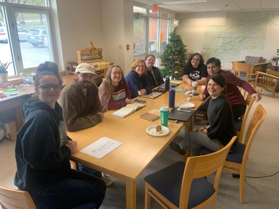 From left, Mars Hill University students Kursten Wills, Caleb Colsclasure, Megan Walters, Darian Smathers, Taylor Zima, Denise Benson, Edgar Miranda and their professor, Leila Weinstein sat down with The News-Record & Sentinel to talk about shape note singing, a once popular tradition that was started in the 1800s.