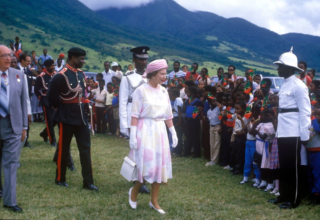 Queen Elizabeth II visits Saint Kitts and Nevis on October 23, 1985. (Photo by John Shelley Collection/Avalon/Getty Images)