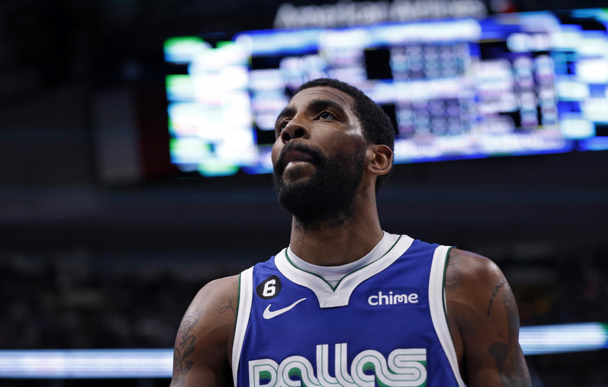 Kyrie Irving is a free agent this offseason after being traded to the Dallas Mavericks at the trade deadline in the 2022-23 season. (Ron Jenkins/Getty Images)