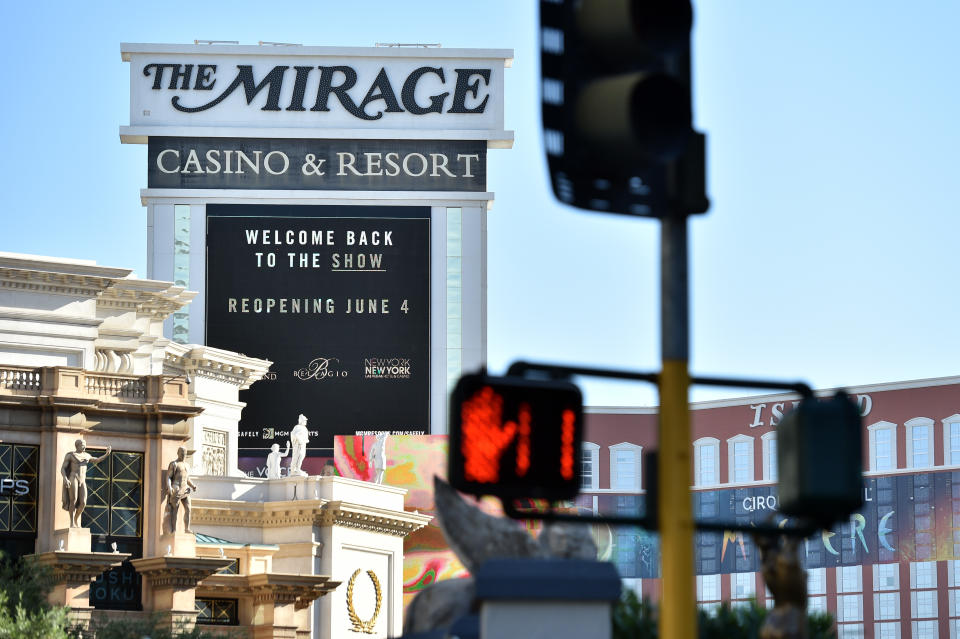 LAS VEGAS, NEVADA - JUNE 04: The marquee at The Mirage Casino & Resort displays the opening of the Las Vegas Strip as casinos are beginning to open for the first time since being closed on March 17 because of the coronavirus (COVID-19) pandemic, on June 4, 2020 in Las Vegas, Nevada. Hotel-casinos throughout the state are opening today as part of a phased reopening of the economy with social distancing guidelines and other restrictions in place. (Photo by David Becker/Getty Images)