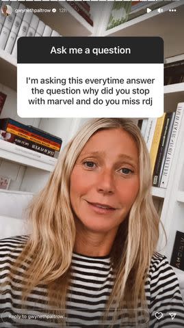 <p>Gwyneth Paltrow/Instagram</p> Gwyneth Paltrow jokes about why she hasn't rejoined the MCU in an Instagram Story