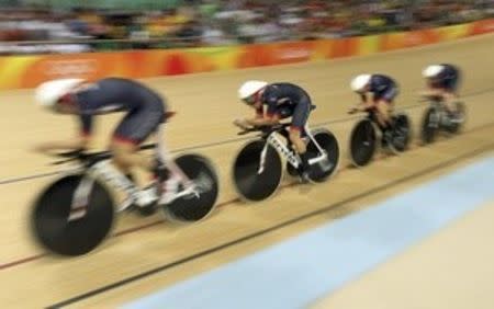 2016 Rio Olympics - Cycling Track - Women's Team Pursuit Final Gold Race - Rio Olympic Velodrome - Rio de Janeiro, Brazil - 13/08/2016. Kate Archibald (GBR) of Britain, Laura Trott (GBR) of Britain, Elinor Barker (GBR) of Britain and Joanna Rowsell (GBR) of Britain compete. REUTERS/Matthew Childs