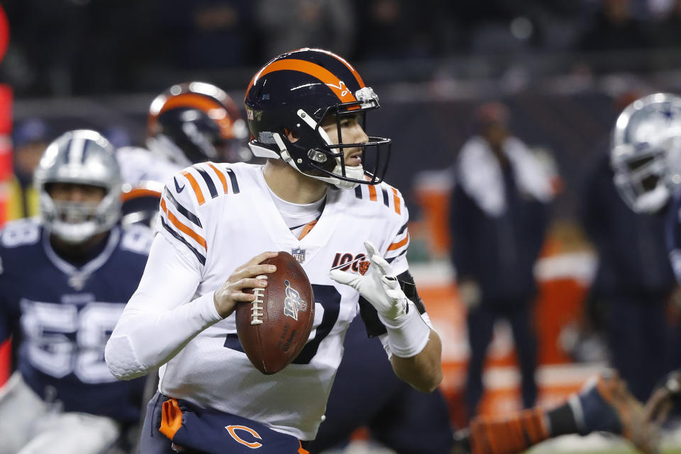 Chicago Bears quarterback Mitchell Trubisky (10) throws during the first half of an NFL football game against the Dallas Cowboys, Thursday, Dec. 5, 2019, in Chicago. (AP Photo/Charles Rex Arbogast)