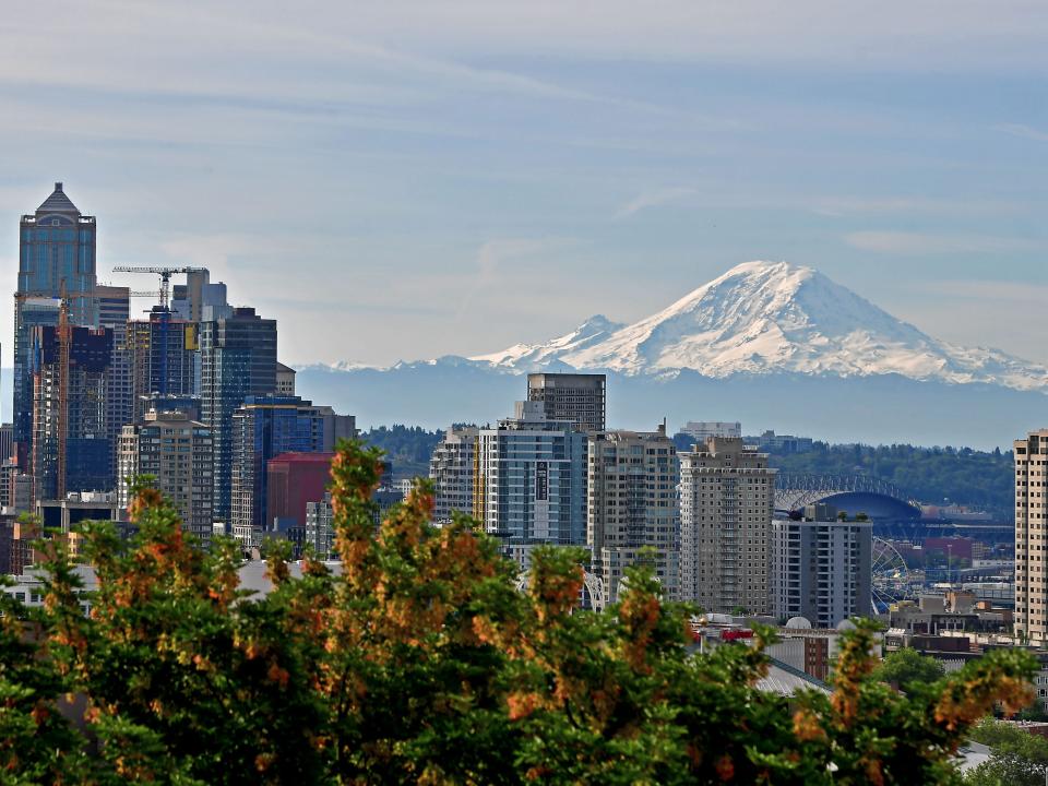 A general view of the Seattle Skyline and Mount Rainier from Kerry Park during the 2019 Rock'n'Roll Seattle Marathon and 1/2 Marathon on June 9, 2019 in Seattle, Washington
