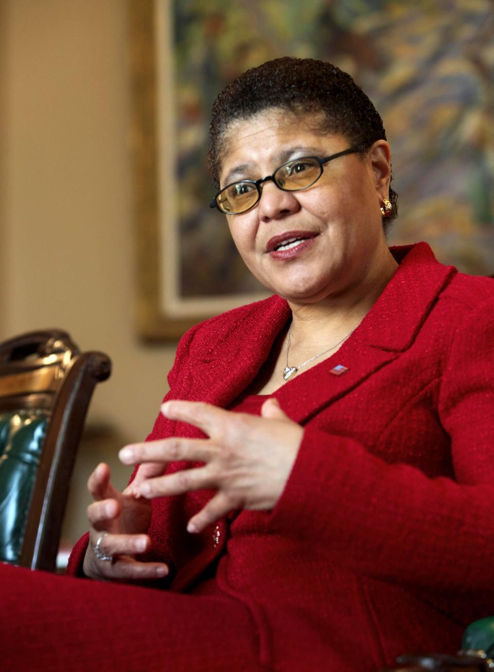 Assembly Speaker Karen Bass, D-Los Angeles, discusses the pending vote on the state budget during an interview in her Capitol office in Sacramento, Calif., Saturday, Feb. 14, 2009. 