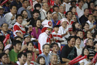 Fans react during a rugby match between Japan and South Africa at Kumagaya Rugby Stadium Friday, Sept. 6, 2019, in Saitama, Japan. (AP Photo/Eugene Hoshiko)