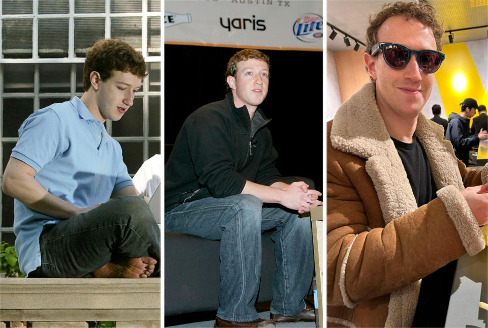From left: Mark Zuckerberg pictured in 2004, 2008 at SXSW and 2024 at a McDonald's in Japan.