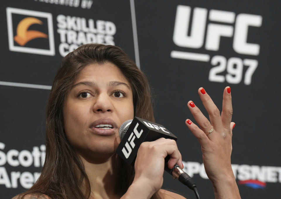 Women's bantamweight fighter Mayra Buena Silva speaks ahead of UFC 297 in Toronto Wednesday, Jan. 17, 2024. (Nathan Denette/The Canadian Press via AP)