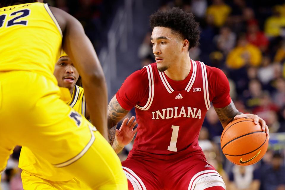 Feb 11, 2023; Ann Arbor, Michigan, USA; Indiana Hoosiers guard Jalen Hood-Schifino (1) dribbles in the second half against the Michigan Wolverines at Crisler Center.