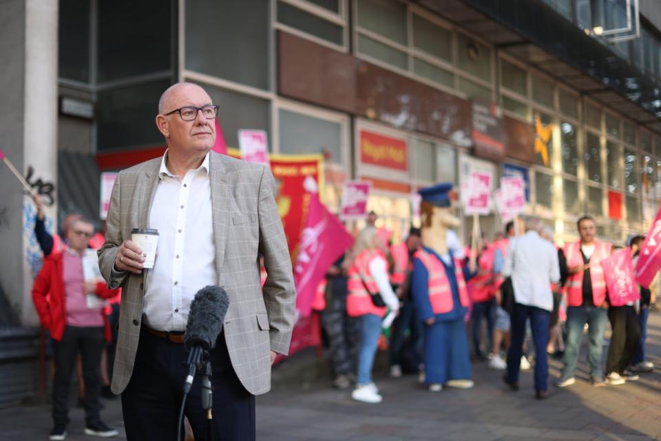 Communication Workers Union (CWU) general secretary Dave Ward speaking to the media as he joins postal workers on the picket line at the Royal Mail Whitechapel Delivery Office in east London (James Manning/PA) (PA Wire)