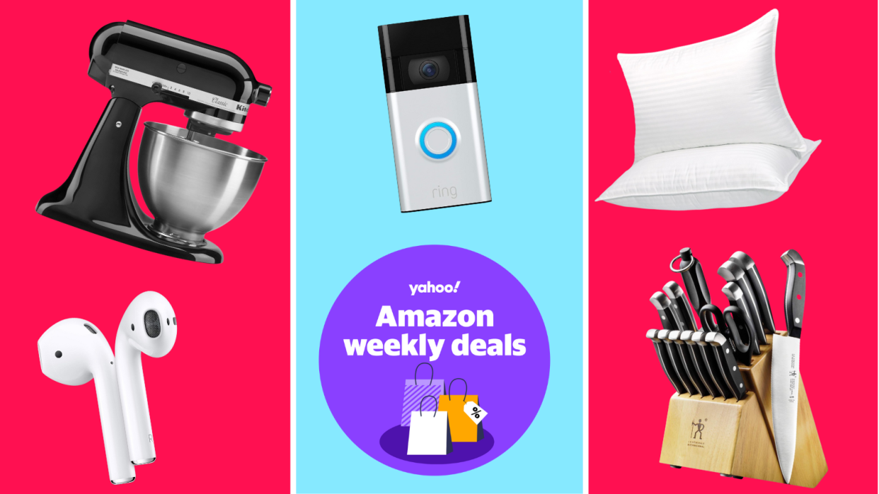 Apple AirPods, KitchenAid stand mixer, Ring doorbell, pillows, knife set and a purple circle that reads: Yahoo! Amazon weekly deals.