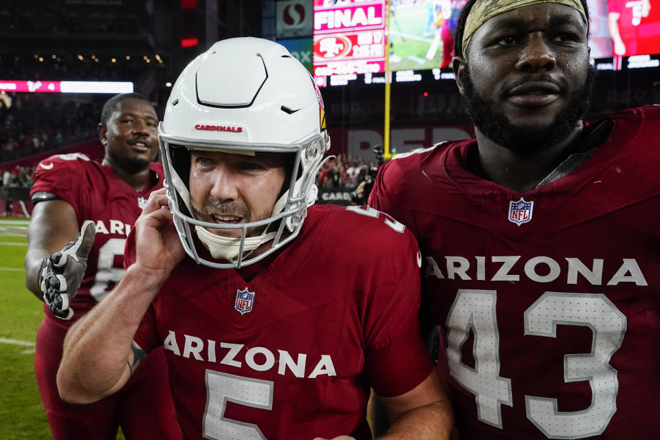 Arizona Cardinals' Matt Prater (5) leaves the field after kicking the game-winning field goal against the Atlanta Falcons after an NFL football game, Sunday, Nov. 12, 2023, in Glendale, Ariz. The Arizona Cardinals won 25-23. (AP Photo/Ross D. Franklin)