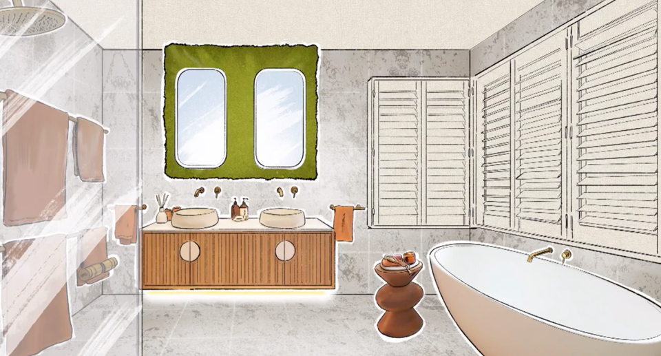 The Block's Eliza and Liberty's bathroom design featuring a moss wall.