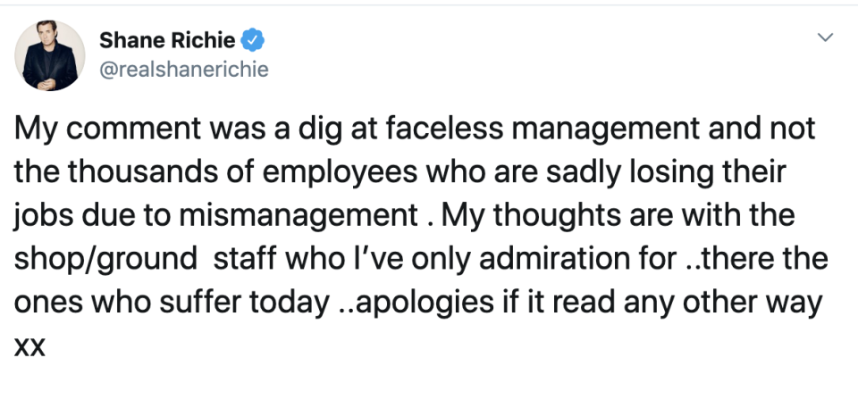 Shane Richie apologised for the offence that he caused with his tweet about the Thomas Cook collapse (Photo: Shane Richie/Twitter)