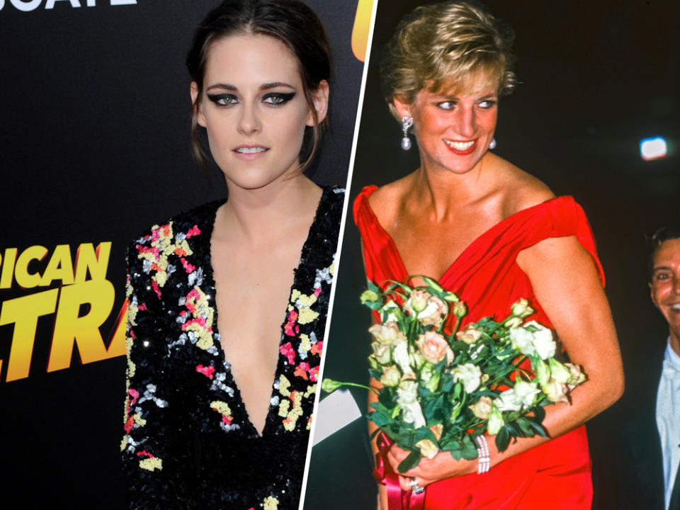 Kristen Stewart (li.) wird in "Spencer" zu Prinzessin Diana (Bild: Tinseltown/shutterstock.com; Ron Sachs / CNP/AdMedia/imagecollect [M])