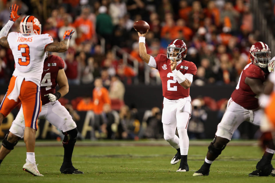 Jalen Hurts’ last pass for Alabama came in the National Championship Game against Clemson. (Photo by Christian Petersen/Getty Images)