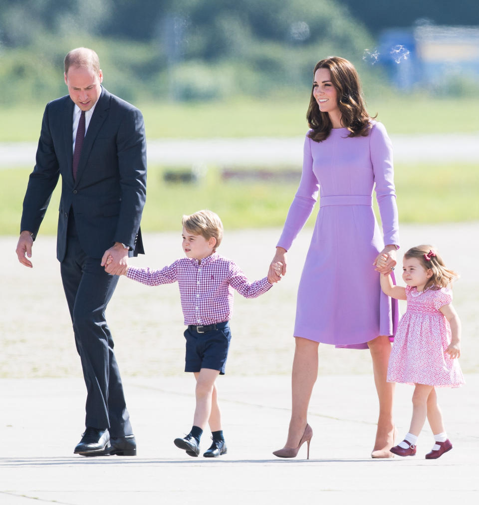 Prince William, Prince George, Princess Charlotte and Catherine, Duchess of Cambridge at the Hamburg airport on July 21. (Photo: Samir Hussein via Getty Images)