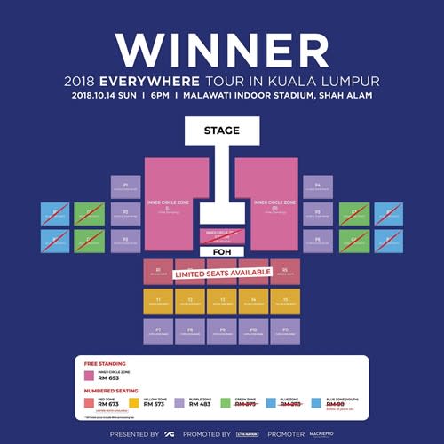 Updated seating plan for WINNER's Sunday concert showing the sold out zones.