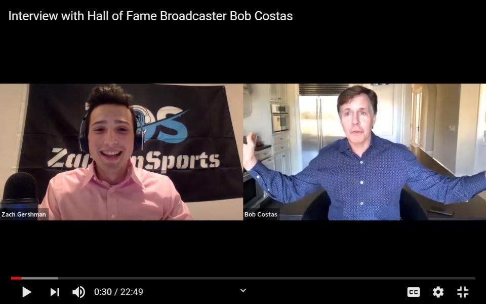 In this screenshot provided by Zach Gershman, the 18-year-old Penn State sophomore interviews sportscaster Bob Costas for Gershman’s YouTube channel ZachOnSports on July 8, 2020. Gershman’s paid summer internship as a studio host covering a collegiate baseball league was cancelled because of the coronavirus pandemic. He’s been interviewing sportscasters as his own unpaid internship. (Courtesy of Zach Gershman via AP)