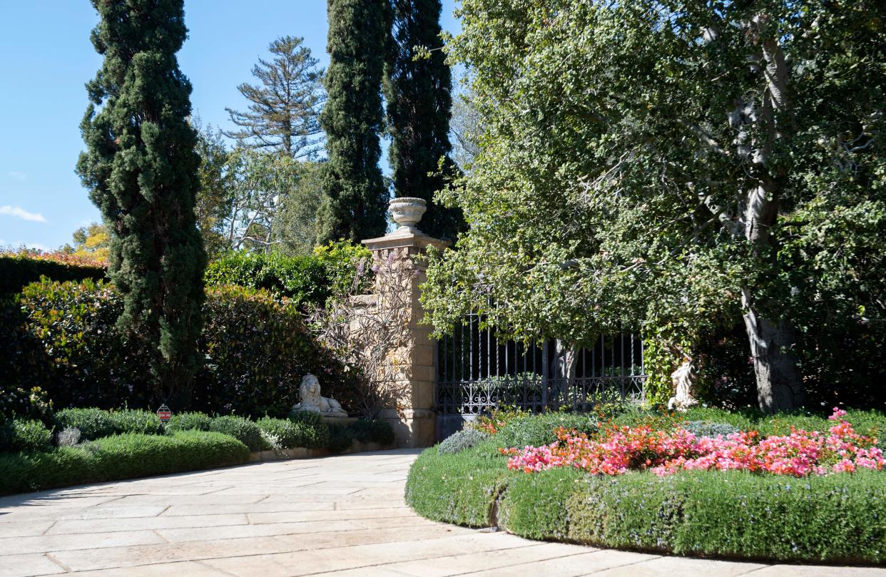 View of the gate of the Estate where Prince Harry and his wife US actress Meghan Markle have their house, in Montecito, California on March 6, 2021. - Prince Harry and Meghan Markle headed to California and relocated in July, 2020 to Montecito, a small and affluent seaside city 100 miles (160 kilometers) up the coast, where a spokesperson said they had 