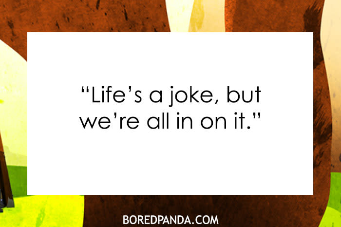 A dark humor joke meme with a white text box that reads, "Life's a joke, but we're all in on it." The background features abstract, colorful patterns, and a credit to boredpanda.com is displayed at the bottom of the image. 