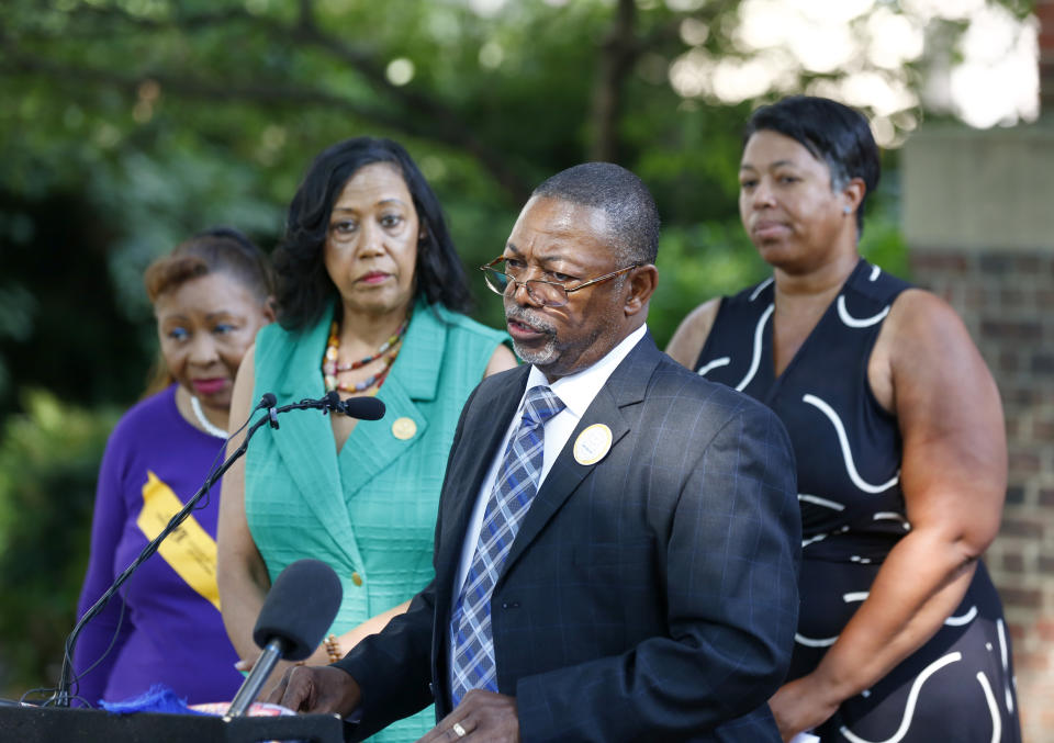 NAACP Virginia President Robert N. Barnette, Jr., speaks about a Freedom of Information Act related to the changes the Youngkin administration made to restoring rights to formerly incarcerated people near the Virginia State Capitol in Richmond, Va., on Tuesday, July 18, 2023. From left, Denise Harrington, Gaylene Kanoyton, Barnette and Karen Jones attended the press conference. (Daniel Sangjib Min/Richmond Times-Dispatch via AP)