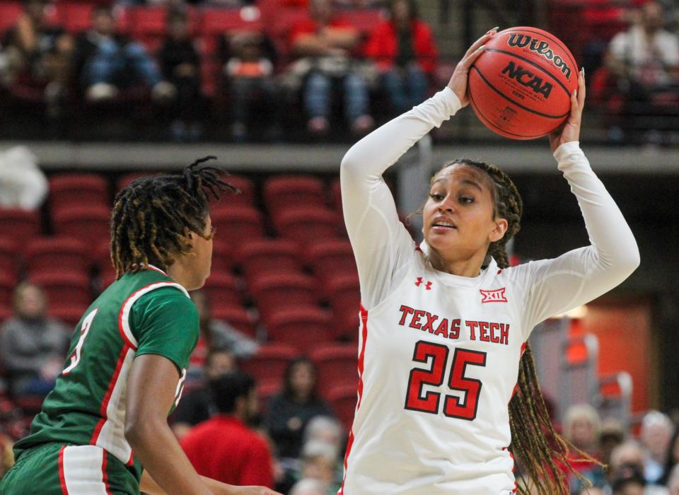 Texas Tech's Ashley Chevalier looks to pass against Mississippi Valley State during a non-conference women's basketball game in United Supermarkets Arena on Tuesday, December 27, 2022.