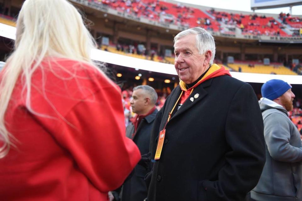 Missouri Gov. Mike Parson was on the sideline before the AFC Championship Game Sunday, Jan. 29, 2023, at GEHA Field at Arrowhead Stadium.