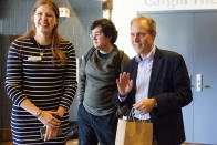 Minnesota Secretary of State Steve Simon talks to students after a Q&A with members of Voterama, a student group focused on voter advocacy and awareness at Breck School in Golden Valley, Minn. Friday, Dec. 1, 2023. (AP Photo/Nicole Neri)