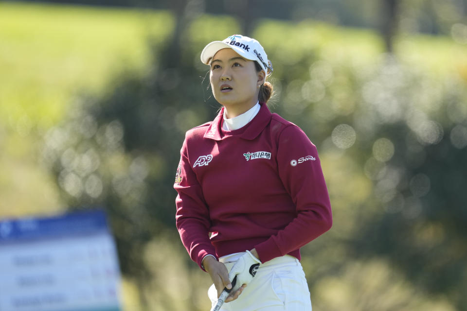 Minjee Lee of Australia watches her tee shot on the second hole during the third round of the BMW Ladies Championship at the Seowon Hills Country Club in Paju, South Korea, Saturday, Oct. 21, 2023. (AP Photo/Lee Jin-man)