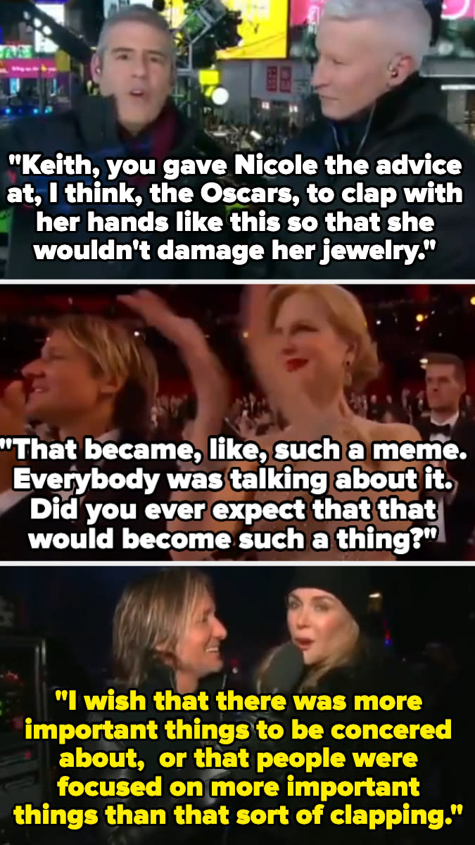 Andy Cohen and Anderson Cooper discuss a viral clapping technique at an awards show, with text explaining concern for jewelry safety and people’s reactions to the meme