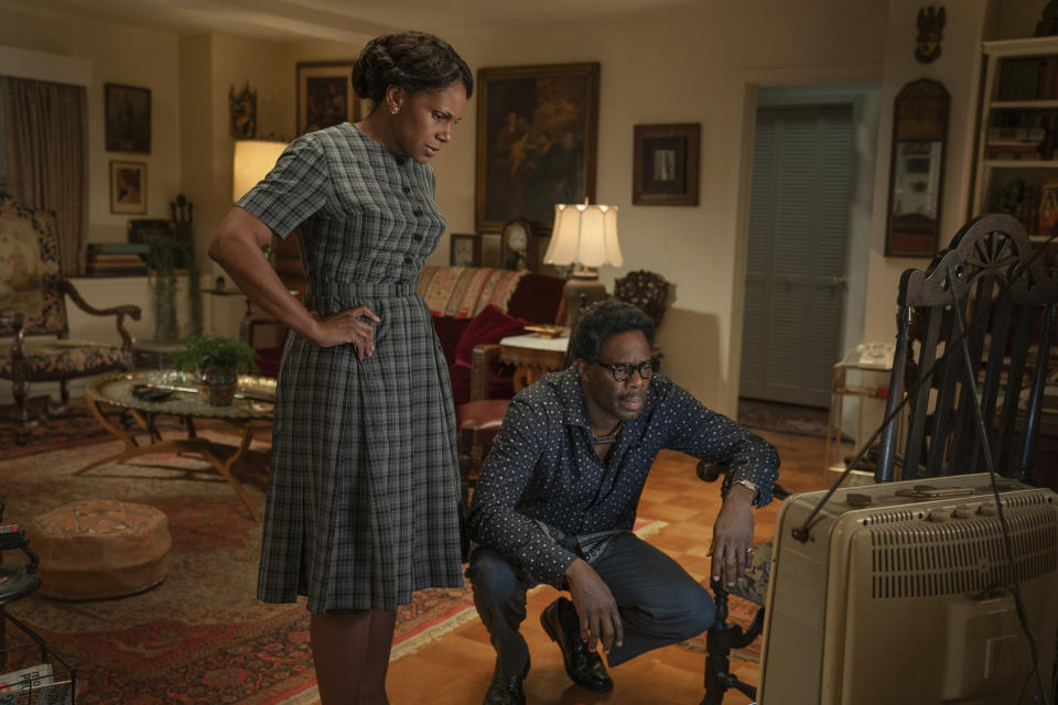 This image released by Netflix shows Audra McDonald as Ella Baker, left, and Colman Domingo as Bayard Rustin in a scene from "Rustin." (David Lee/Netflix via AP)