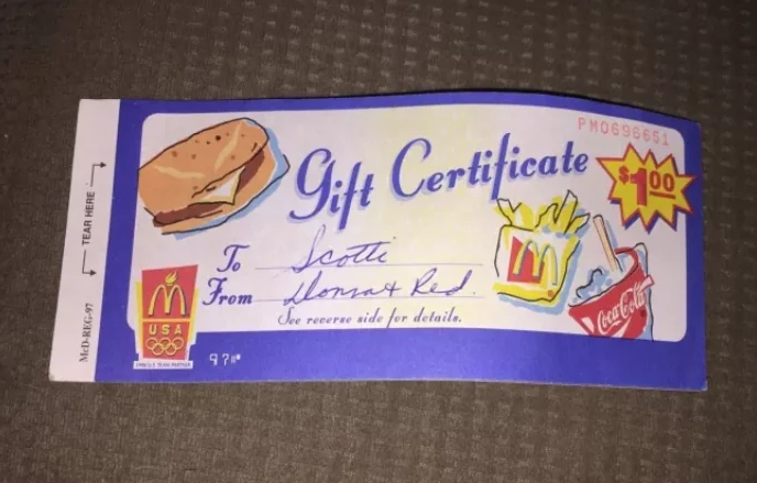 A McDonald's gift certificate