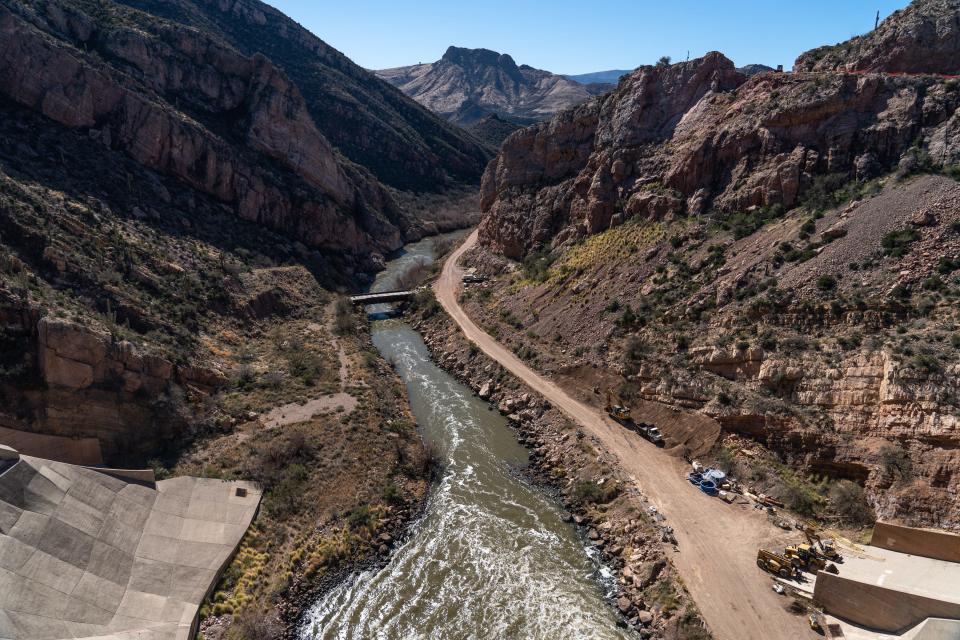 Water from the Gila River is released from the Coolidge Dam, located south of Peridot on the San Carlos Apache Reservation, on February 5, 2022.