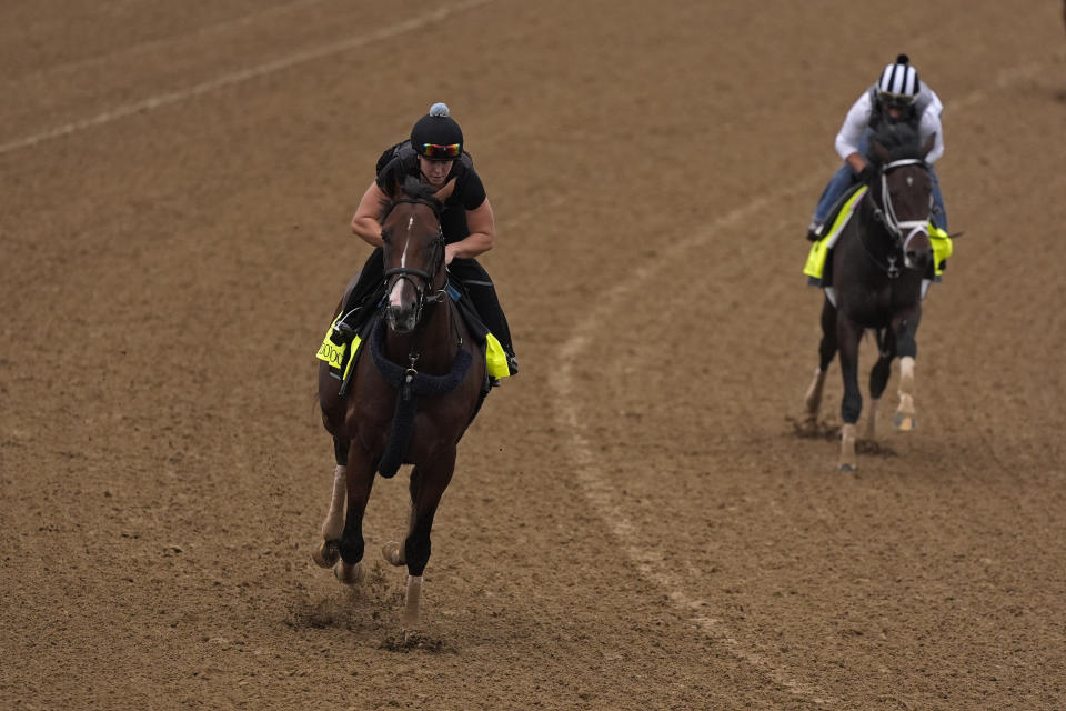 Kentucky Derby hopefuls Dornoch, front, and Endlessly work out at Churchill Downs Tuesday, April 30, 2024, in Louisville, Ky. The 150th running of the Kentucky Derby is scheduled for Saturday, May 4. (AP Photo/Charlie Riedel)