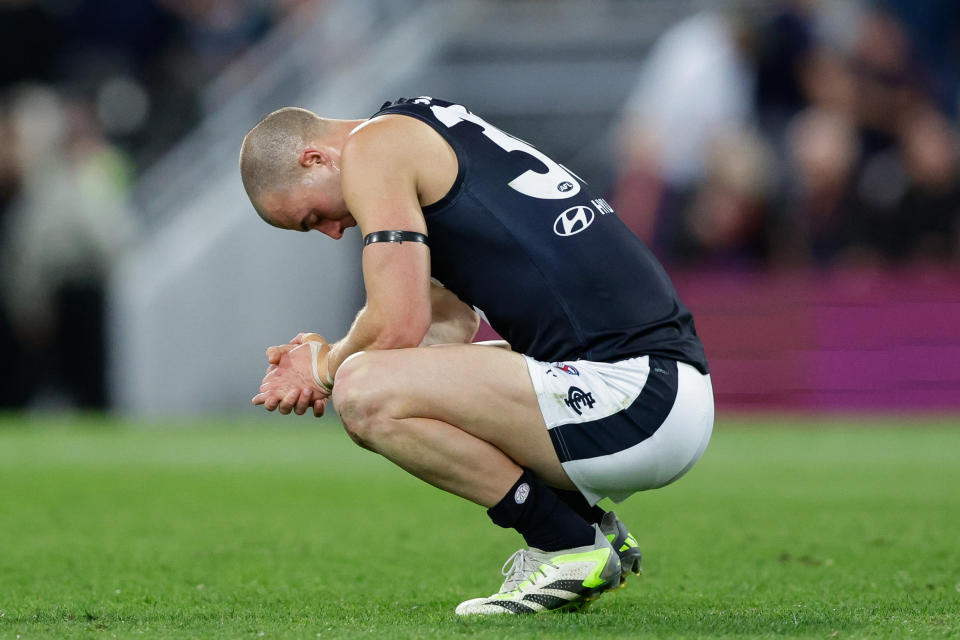 BRISBANE, AUSTRALIA - SEPTEMBER 23: Alex Cincotta of the Blues looks dejected after the 2023 AFL Second Preliminary Final match between the Brisbane Lions and the Carlton Blues at The Gabba on September 23, 2023 in Brisbane, Australia. (Photo by Russell Freeman/AFL Photos via Getty Images)