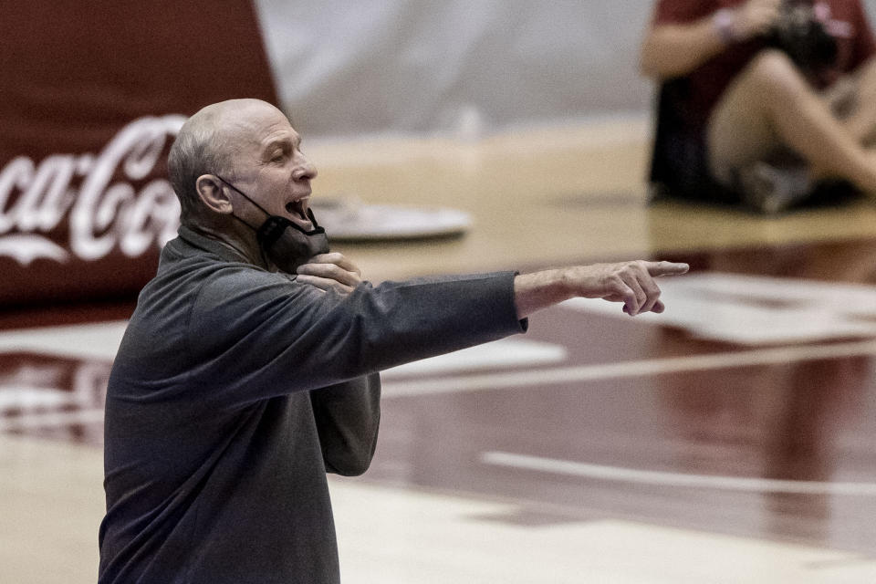 Mississippi State head coach Ben Howland directs his team during the first half of an NCAA college basketball game against Alabama, Saturday, Jan. 23, 2021, in Tuscaloosa, Ala. (AP Photo/Vasha Hunt)