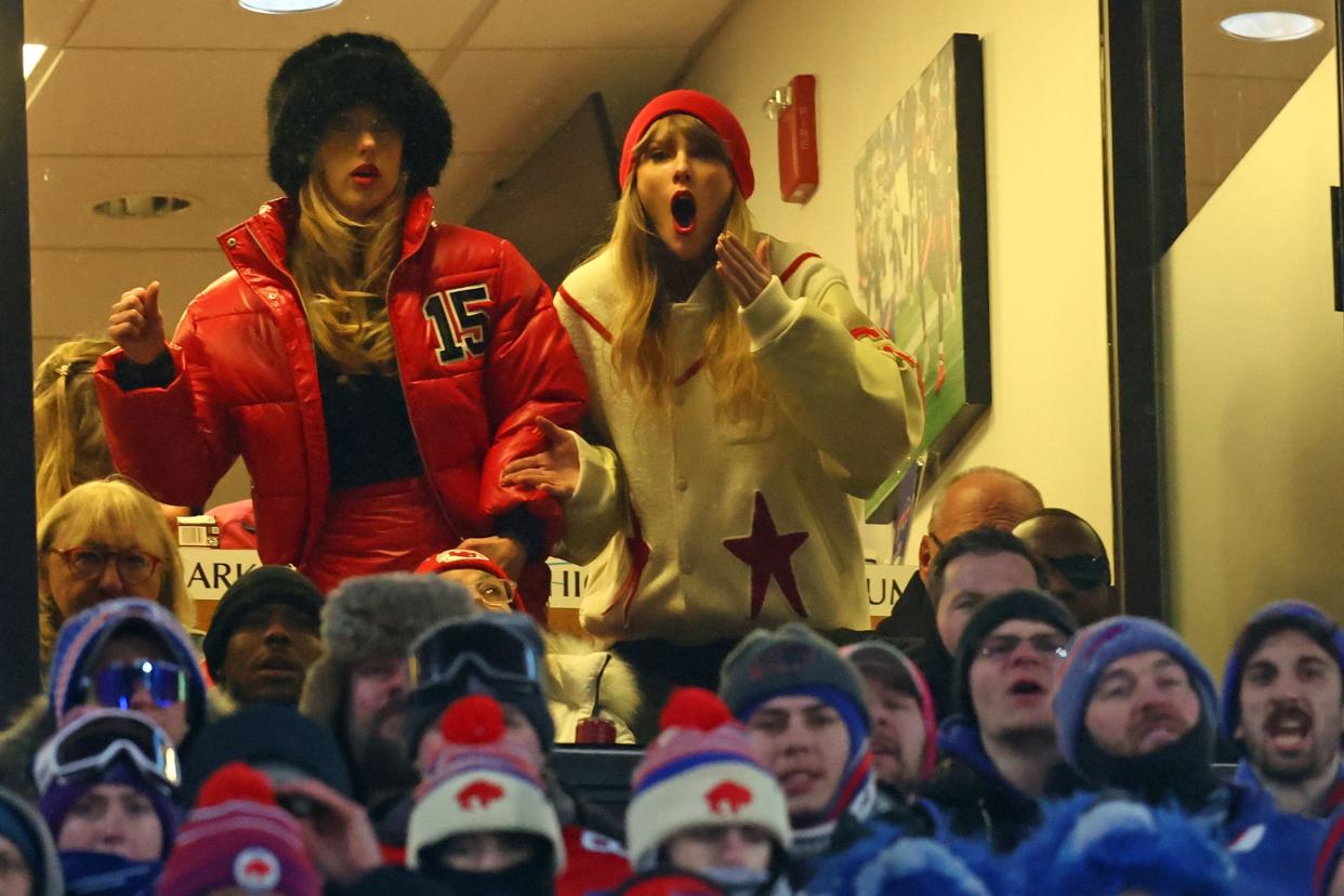 Taylor Swift reacts after boyfriend and Chiefs tight end Travis Kelce (not pictured) scores a touchdown against the Bills during an AFC divisional round game at Highmark Stadium in Orchard Park, N.Y., on Jan. 22, 2024.