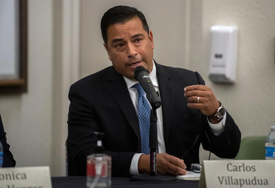 Assemblyman Carlos Villapudua participates in a candidates forum for the 13th District of the State Assembly at the South Forum on the San Joaquin Delta College campus in Stockton on Tuesday, Sept. 14, 2022. 