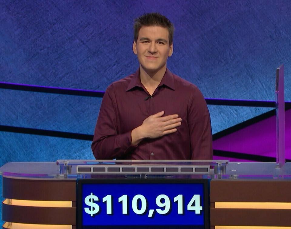 FILE - This file image made from video aired on "Jeopardy!" on Tuesday, April 9, 2019, and provided by Jeopardy Productions, Inc. shows James Holzhauer. The 34-year-old professional sports gambler from Las Vegas won more than $110,000 on "Jeopardy!" on Tuesday, breaking the record for single-day cash winnings. Holzhauer won $131,127 during a show aired Wednesday night, April 17, 2019, breaking the record that viewers saw him set last week.(Carol Kaelson/Jeopardy Productions, Inc. via AP, File)