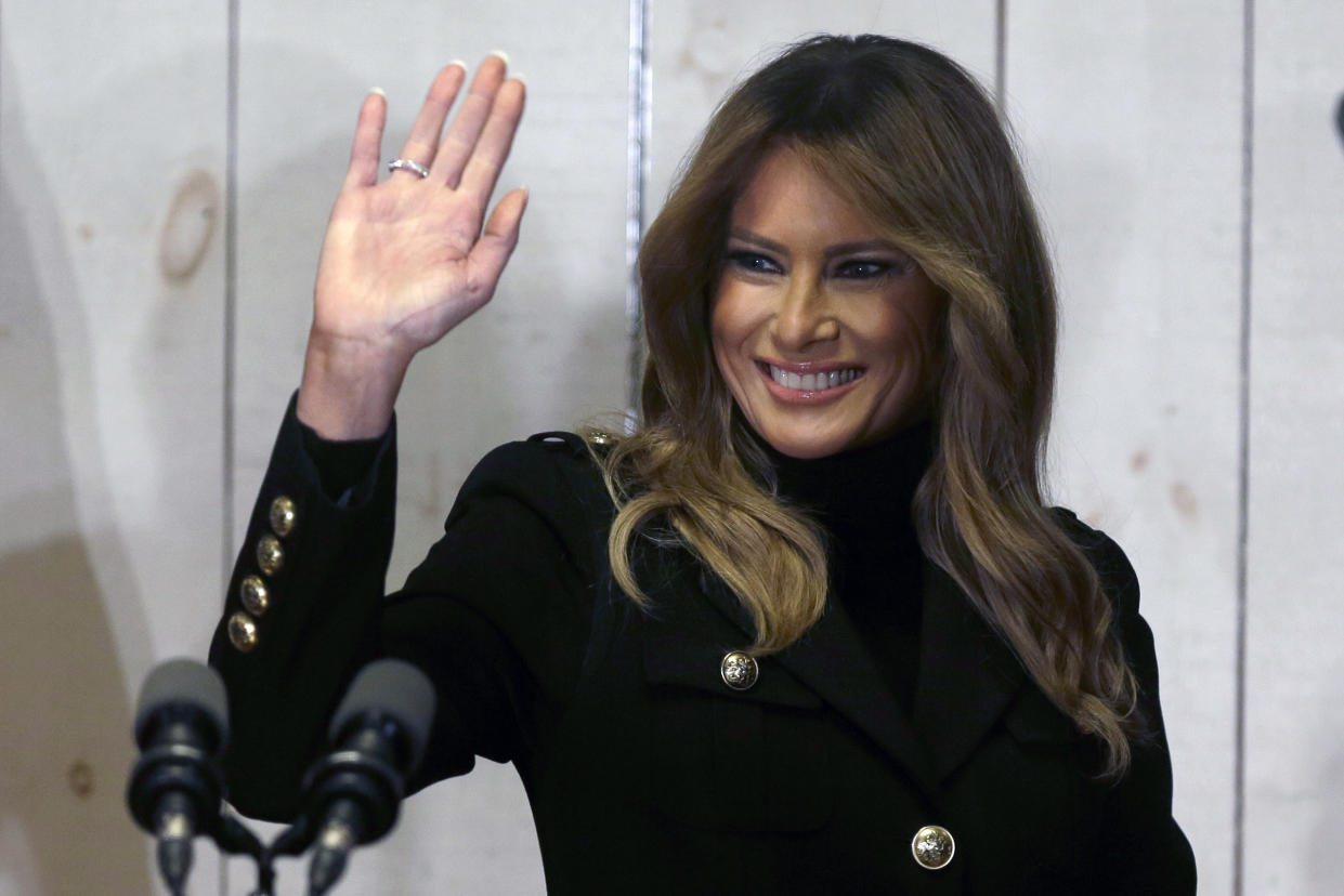 First lady Melania Trump waves after speaking at a campaign rally Saturday, Oct. 31, 2020 in Wapwallopen, Pa (AP Photo/Jacqueline Larma)