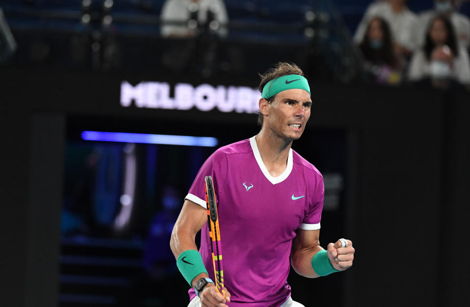 MELBOURNE, AUSTRALIA - JANUARY 28: Rafael Nadal of Spain gesture during match Matteo Berrettini (not seen) of Italy during their men&#xe2;s single semifinals match of the 2022 Australian Open at Melbourne Park on January 28, 2022 in Melbourne, Australia. (Photo by Recep Sakar/Anadolu Agency via Getty Images)