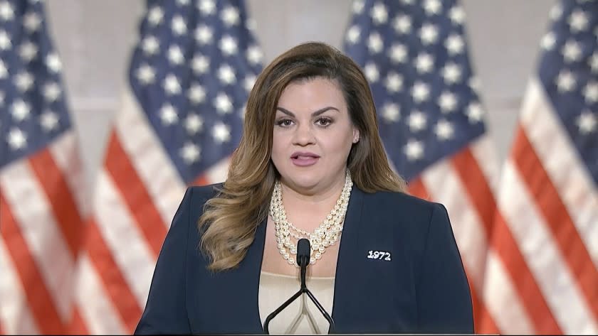 In this image from video, Abby Johnson speaks from Washington, during the second night of the Republican National Convention on Tuesday, Aug. 25, 2020. (Courtesy of the Committee on Arrangements for the 2020 Republican National Committee via AP)