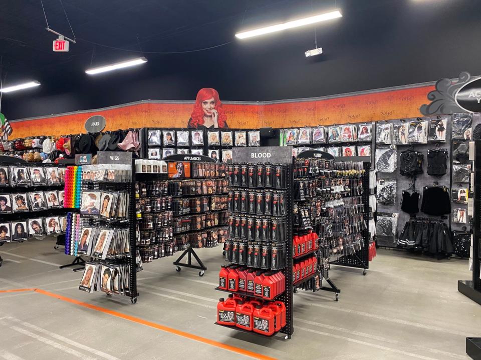 The makeup, wig, and accessory section of Spirit Halloween's flagship store.