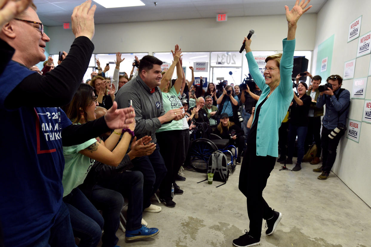 NORTH LAS VEGAS, NEVADA - FEBRUARY 20: Democratic presidential candidate Sen. Elizabeth Warren (D-MA) speaks at a canvass kickoff event at one of her campaign offices on February 20, 2020 in North Las Vegas, Nevada. Nevada Democrats will hold their presidential caucuses on February 22, the third nominating contest in the presidential primary season. (Photo by David Becker/Getty Images)