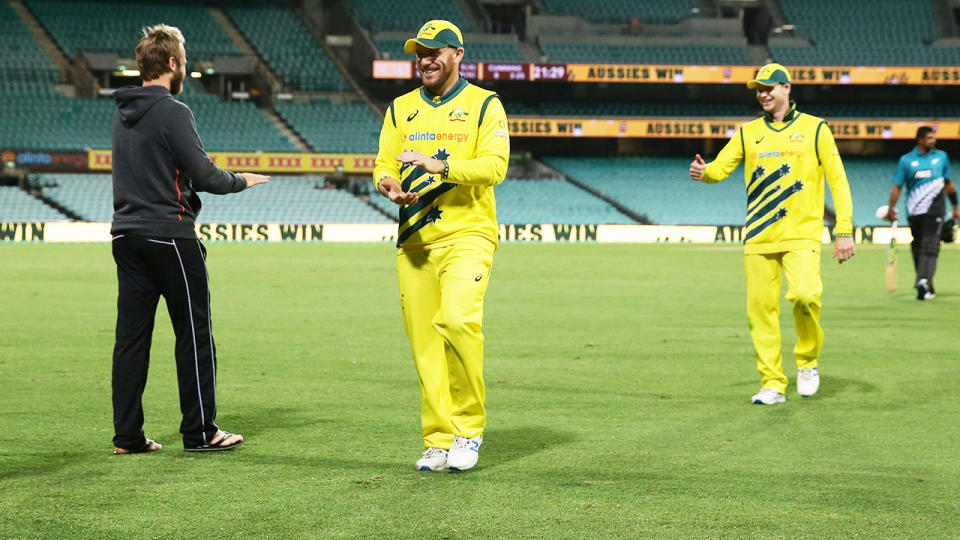 Aaron Finch and Steve Smith, pictured here clapping the New Zealanders after the first ODI.