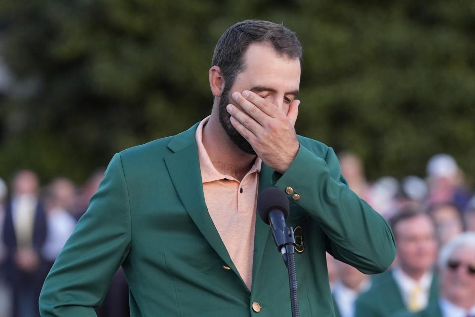 Scottie Scheffler speaks after winning the Masters golf tournament at Augusta National Golf Club Sunday, April 14, 2024, in Augusta, Ga. (AP Photo/David J. Phillip)