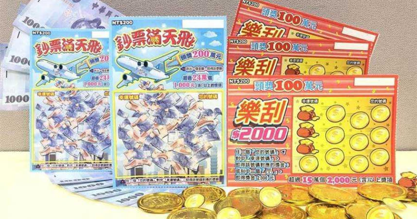 台彩20發行二新款刮刮樂─「鈔票滿天飛」頭獎200萬元共有5個，1,000元（含）以上的獎項超過24萬個；另一款刮刮樂「樂刮$2,000」有超過15萬個2,000元（含）以上獎項，頭獎100萬元共有3個。（圖／台彩提供）