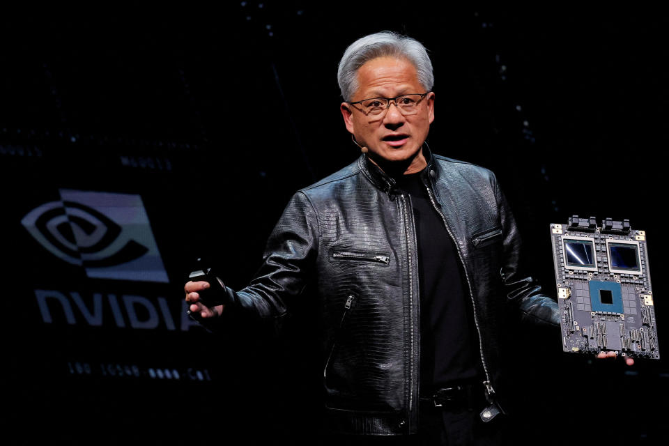 FILE PHOTO: Nvidia CEO Jensen Huang presents the NVIDIA Blackwell platform at an event ahead of the COMPUTEX forum in Taipei, Taiwan, June 2, 2024. REUTERS/Ann Wang/File Photo