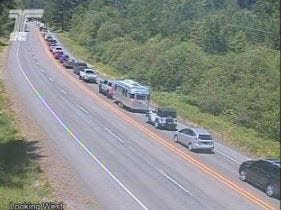 Traffic backs up on Highway 22 following a crash east of Mehama Friday afternoon.